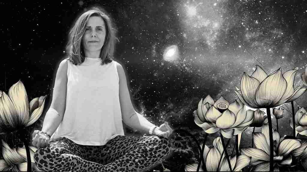 Image of Claire surrounded by ink drawn lotuses and vintage space scenes for her case study on fitness and yoga website design and branding