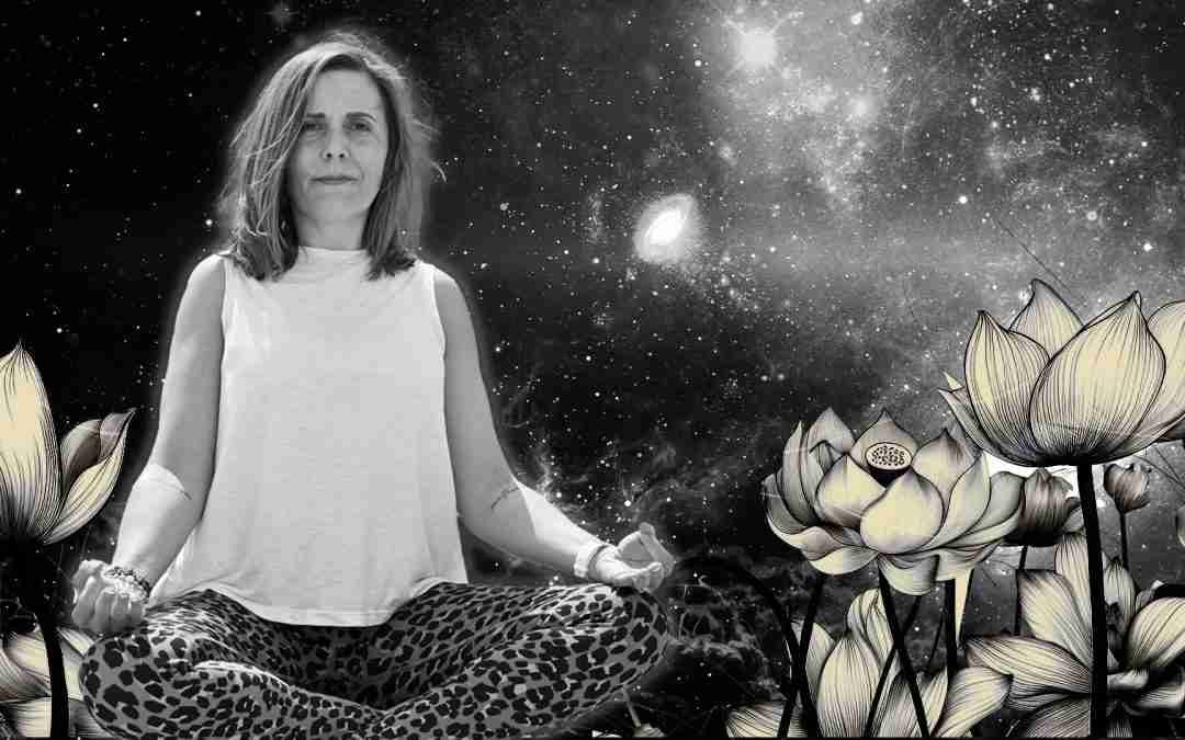 Image of Claire surrounded by ink drawn lotuses and vintage space scenes for her case study on fitness and yoga website design and branding