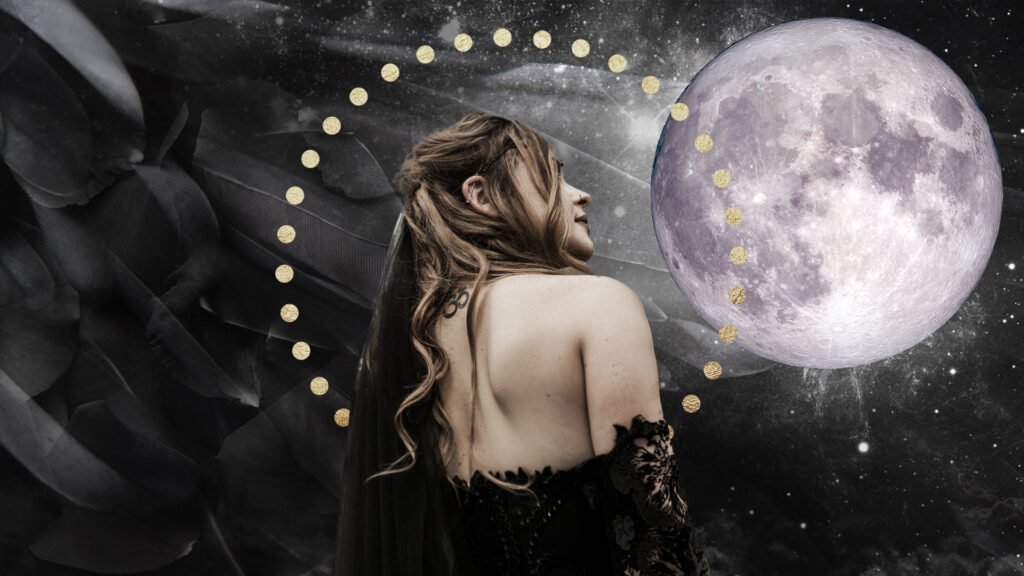 Tamrin with a textured background looking at the full moon